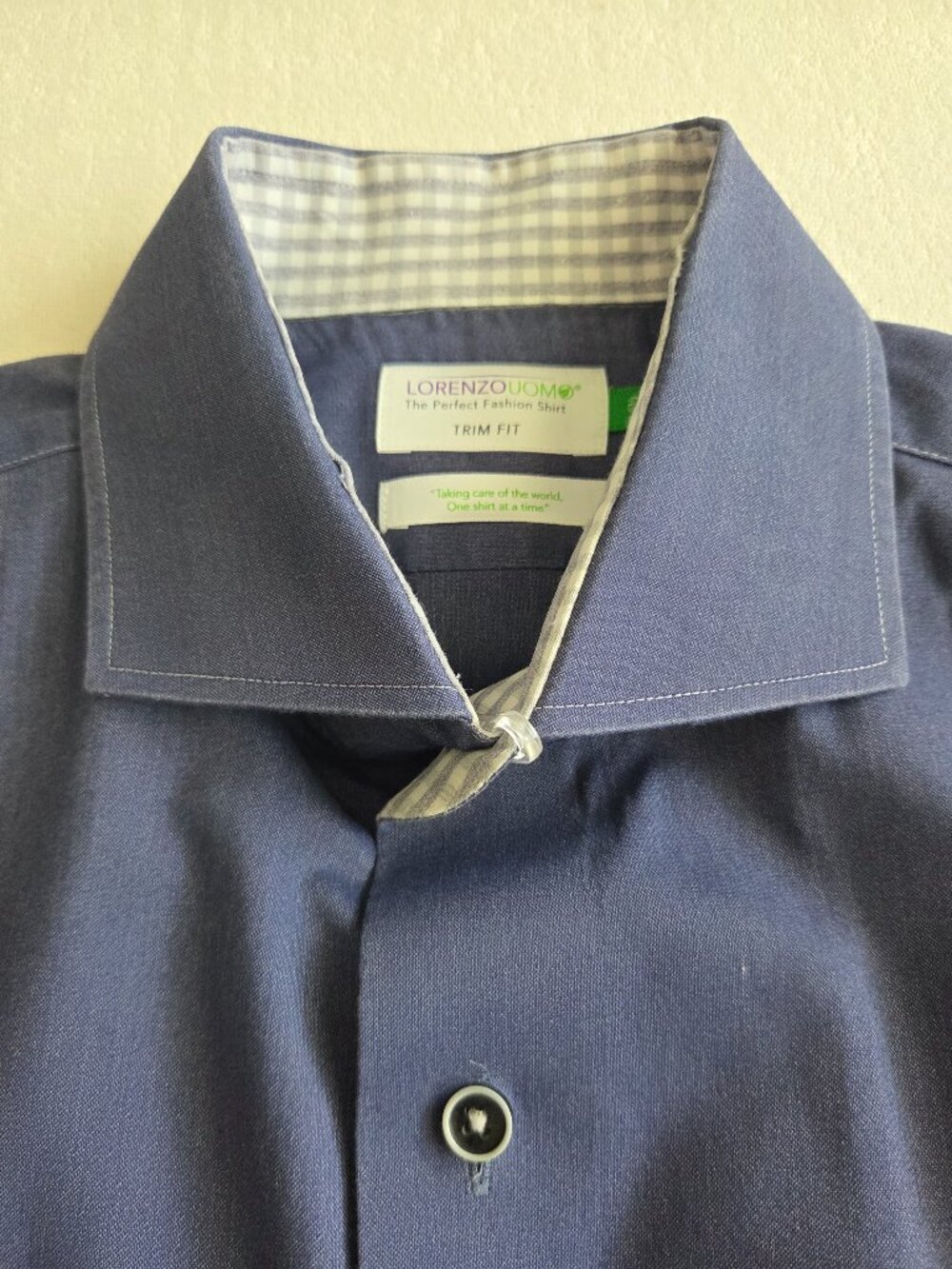 Lorenzo Uomo Navy Casual Button-Down Shirt with Gingham Trim